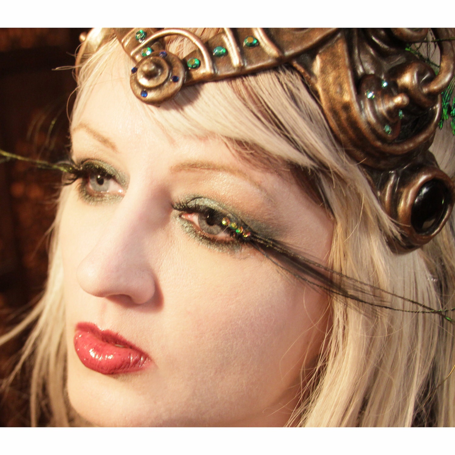 Absinthe Eyes - Iridescent Green & Gold Peacock Feather Eyelashes w/ Swarovski Crystals - By Moonshine Baby