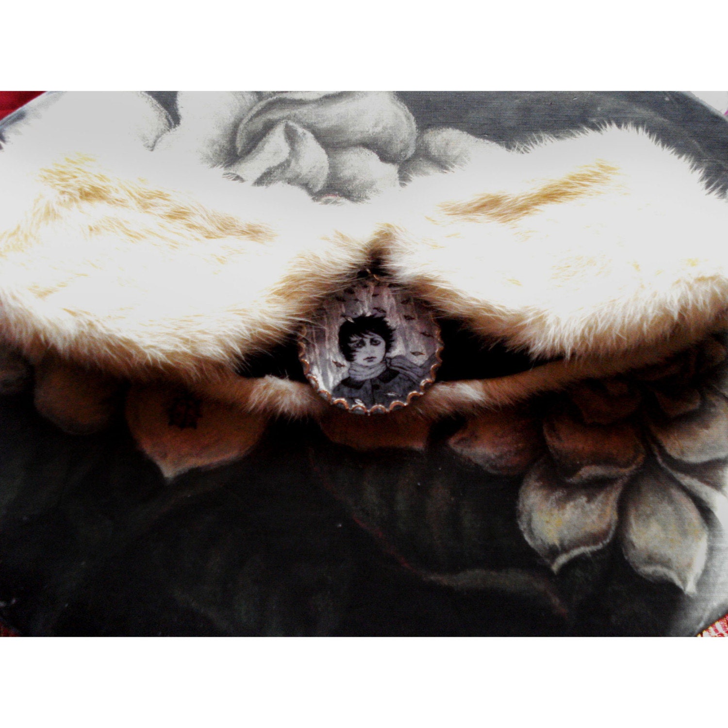 Autumn Portrait Pendant with Jasmine Mink White Fur Collar - Original Art - Upcycled Vintage - by Moonshine Baby