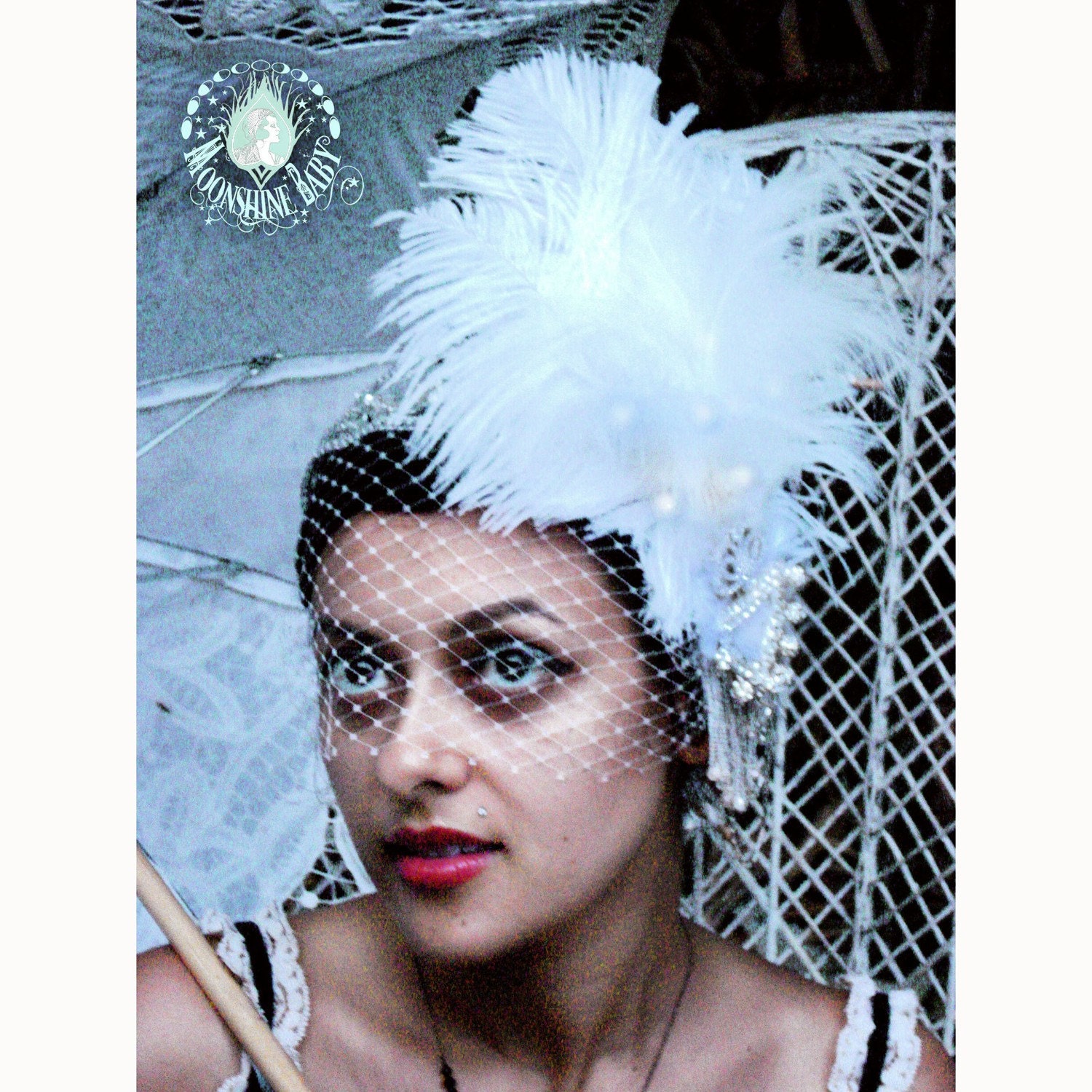 Moonglow - Art Deco Ostrich Plume Fascinator Headband and Built-In Birdcage Veil - Winter Bride- by Moonshine Baby