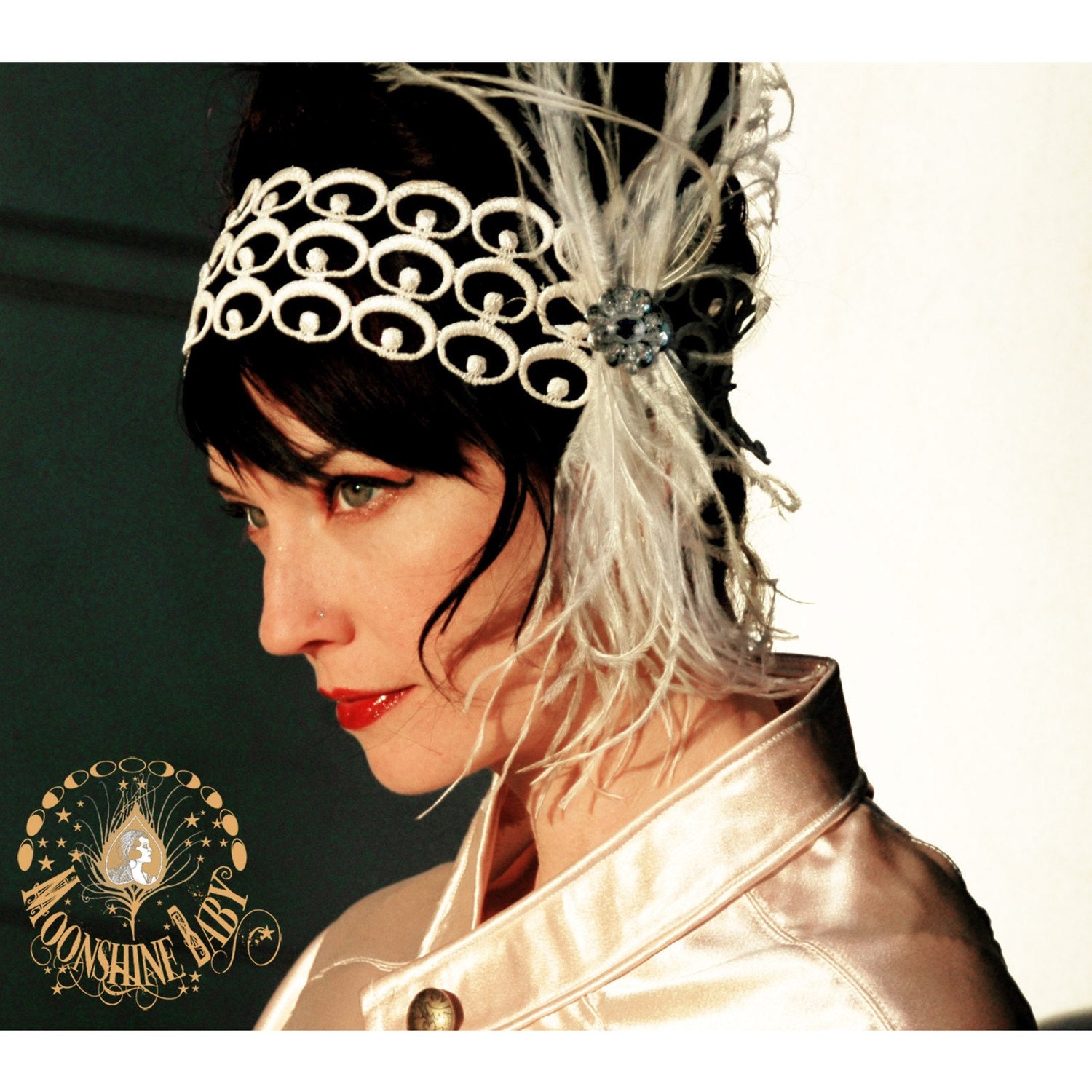 Illyria - White Lace Flapper Headband w/ Ostrich Plumes - Art Deco Revival - by Moonshine Baby - Winter Bride SALE