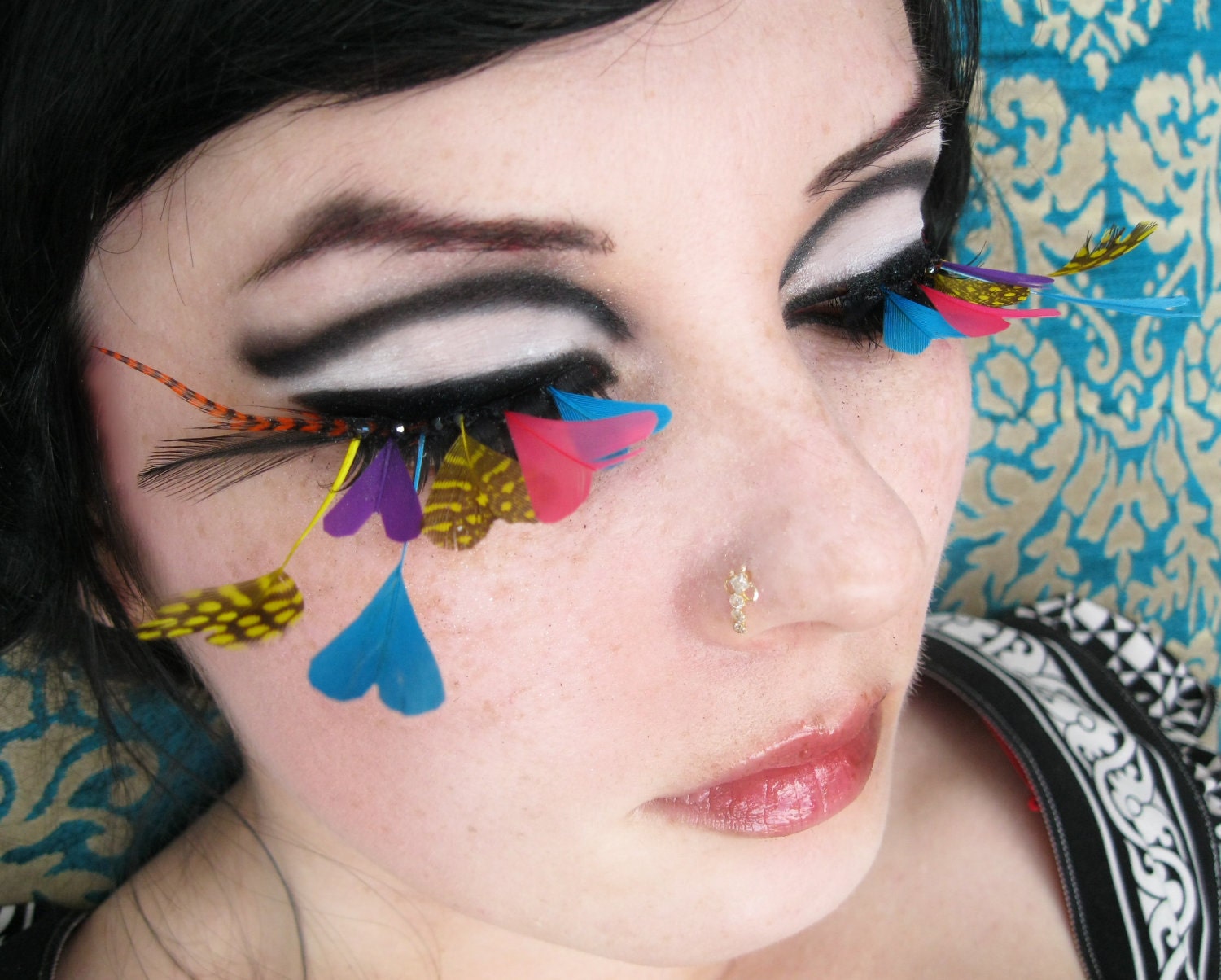 Love Eyes - Mod Psychedelic Feather Eyelashes w/ Rainbow-Colored Hearts and Swarovski Crystals - By Moonshine Baby