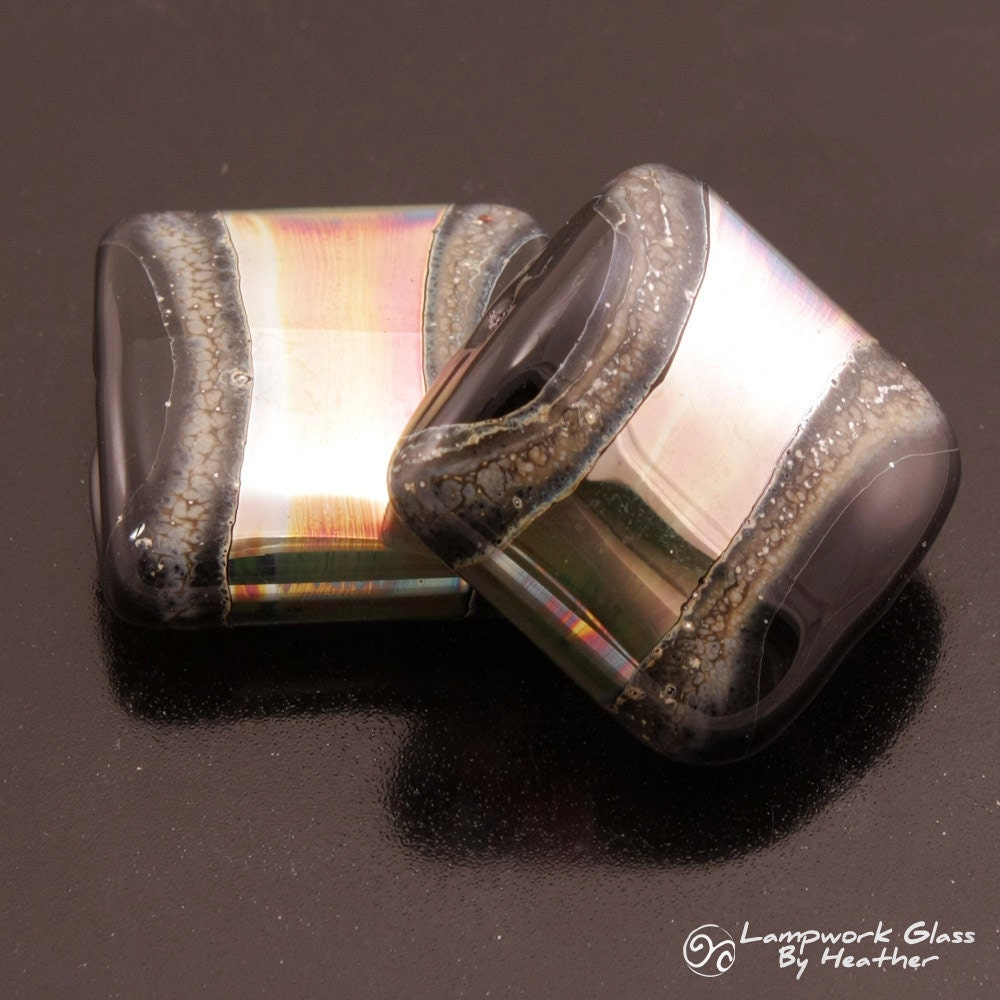 Metallic Lampwork Beads Handmade Glass Black Square Tile Earring Pair Heather Behrendt (1358) BHV SRA LETeam