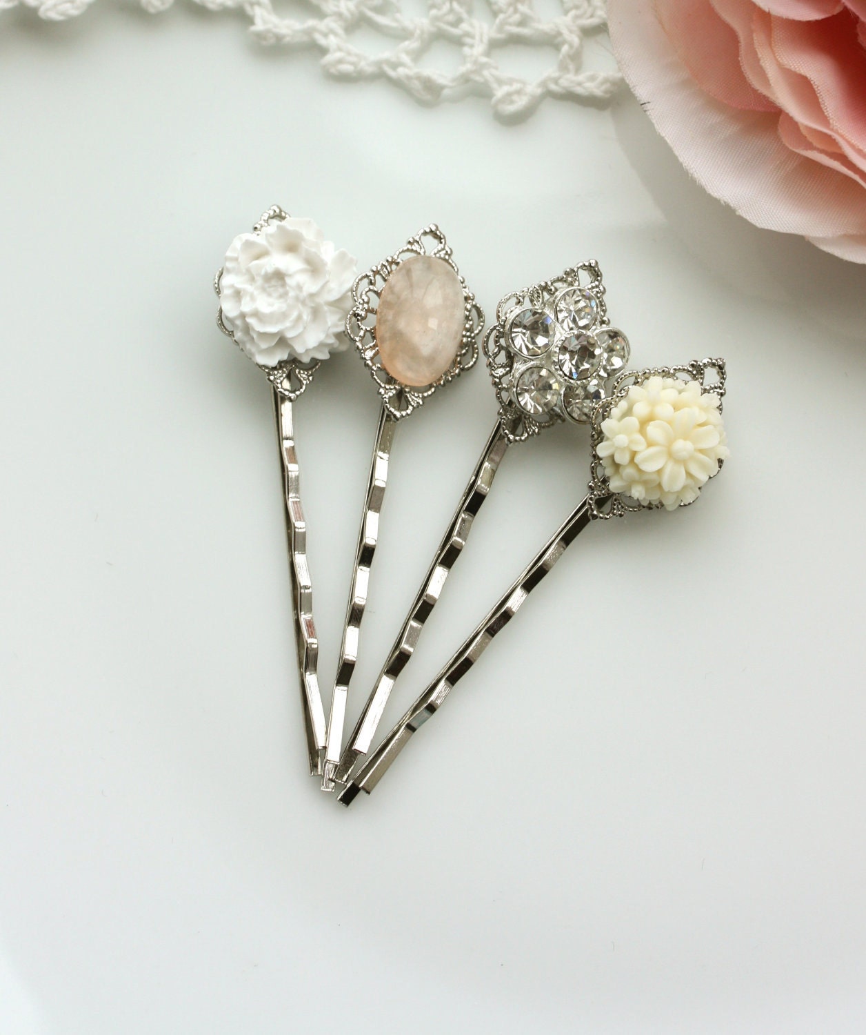 Floral Wonderland No. 3 - Four (4) Pieces Silver Plated Bobby Hair Pins - Bobby Hairpins. Bridesmaids Gifts. For Sister. Set of 4 hairpins.