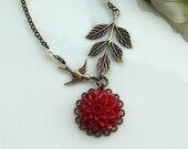 A Dark Red Chrysanthemum, Dahlia, Swallow Bird, Leaf, Pearls Necklace. Bridesmaid Necklace. Maid of Honor, Bridesmaid Gift Ideas. For Wife.
