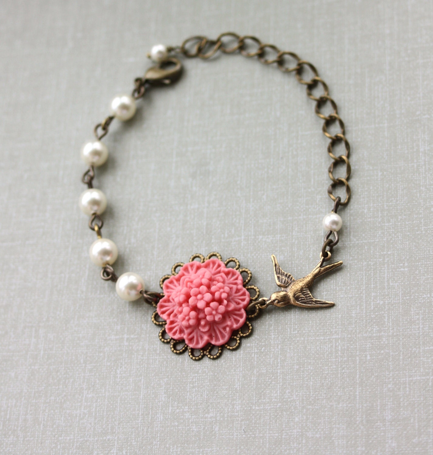 A Pink Flower Bouquet, Swarovski Ivory Pearls, Flying Swallow Bird Adjustable Bracelet. Bridesmaid Gifts. For Sister. Maid of Honor.