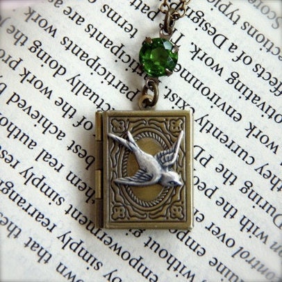 A Flying Swallow Librarian Book Locket Necklace.  Vintage Green Glass Jewel