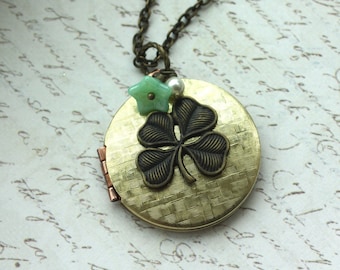 A Lucky Four Leaf Clover, Old Vintage Basket Weave Round Locket Necklace.  Unique. Graduation Gift. New Job.  Good Luck Gift.