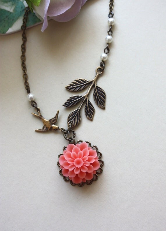 A Soft Coral Chrysanthemum, Dahlia Flower, Flying Bird, and Leaf Branch with Ivory Pearls Necklace. Gift Ideas for Bridesmaids.