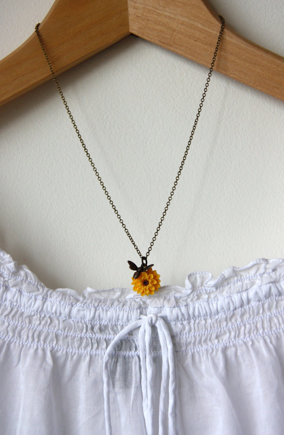 A Tiny Bee Flying Necklace with A Mustard Yellow Dahlia Flower. Bee Lover. Summer Garden Inspired. Nature Inspired. Bridesmaids Gifts.