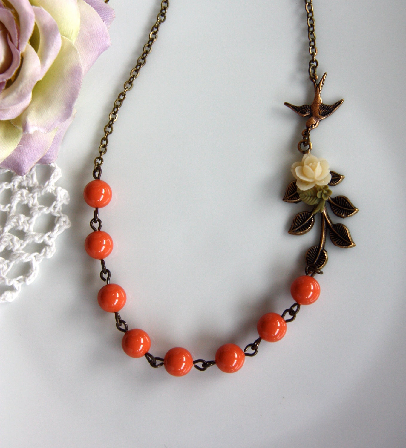A Babys Dream Garden II - A Tiny Stalk of Flower, Flying Bird, Leaf Branch & Orangey Coral Pearls Necklace. Moms To Be. Baby Shower Gift.
