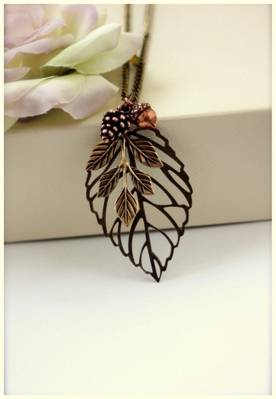 An Autumns Dreamy Day... - Antiqued Bronze Leaf Pendant with Copper Acorn and Pinecone Necklace.  Vintage Style Necklace