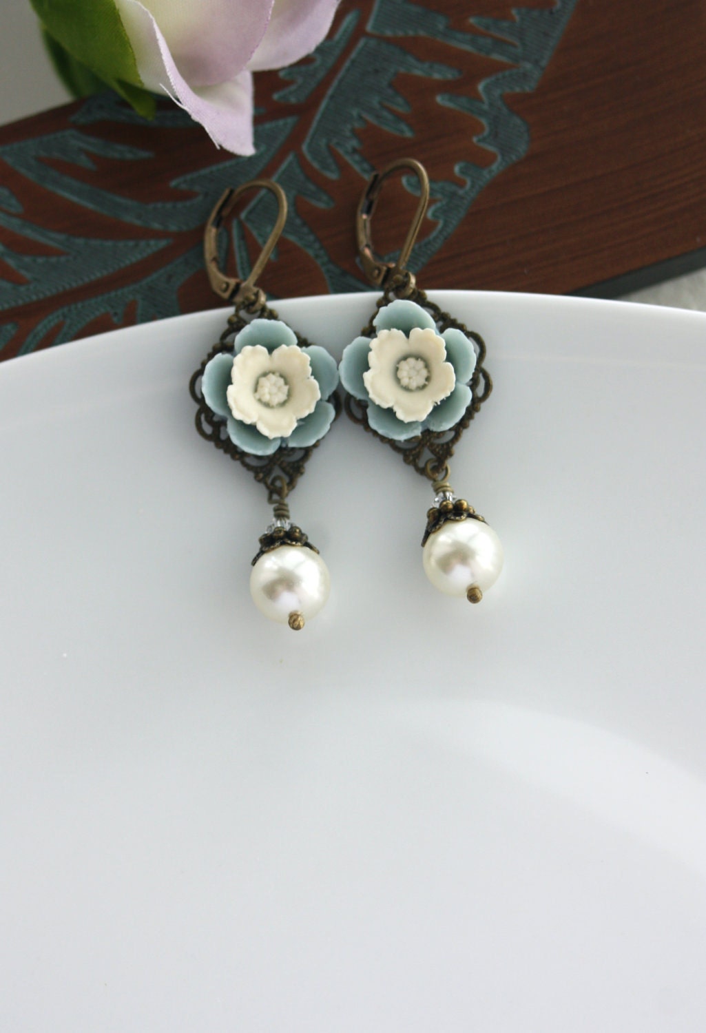 Spring First Love Earrings. A Vintage Style Soft Dusty Grey Blue, Cream Pansy Flower, Ivory Peal Drop Earrings. Bridesmaids Gifts. Wedding.