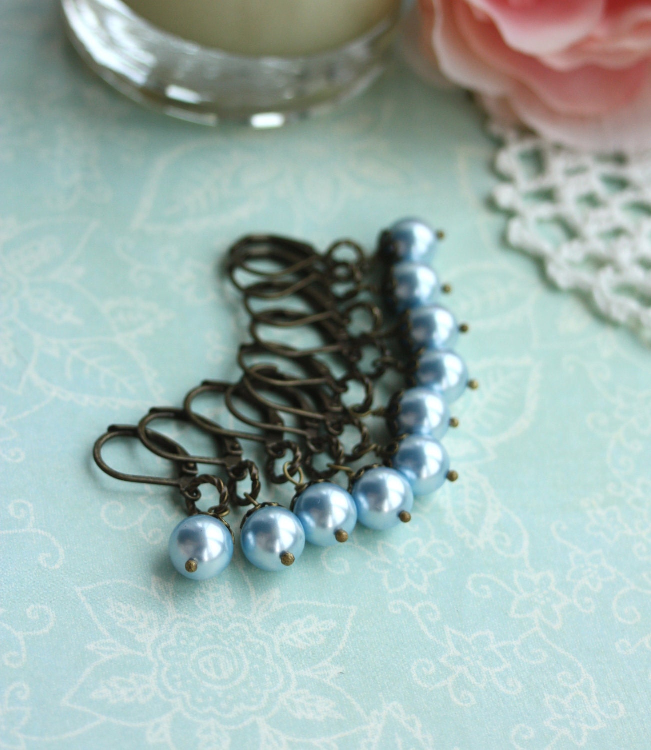 Set of Five (5) Pairs of Bridesmaid Earrings. Light Blue Swarovski Pearl Leverback Antique Brass  Earrings. Vintage Style. Bridesmaid Gift.