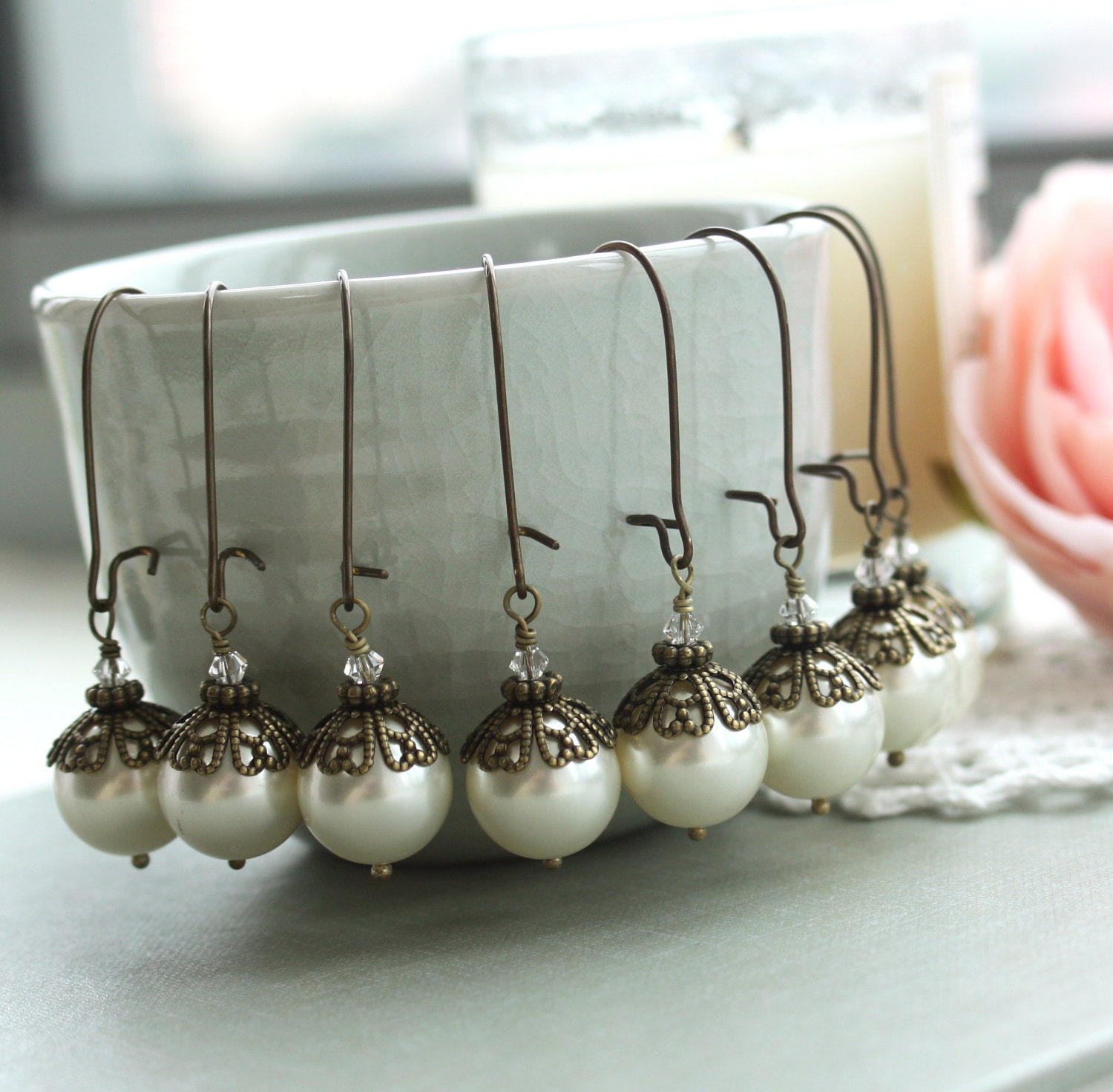 Special Price - Set of Four (4) Ivory Cream Pearl Dangle Earrings. Vintage Style, Antiqued Brass. Bridesmaids Gifts. Maid Of Honor.