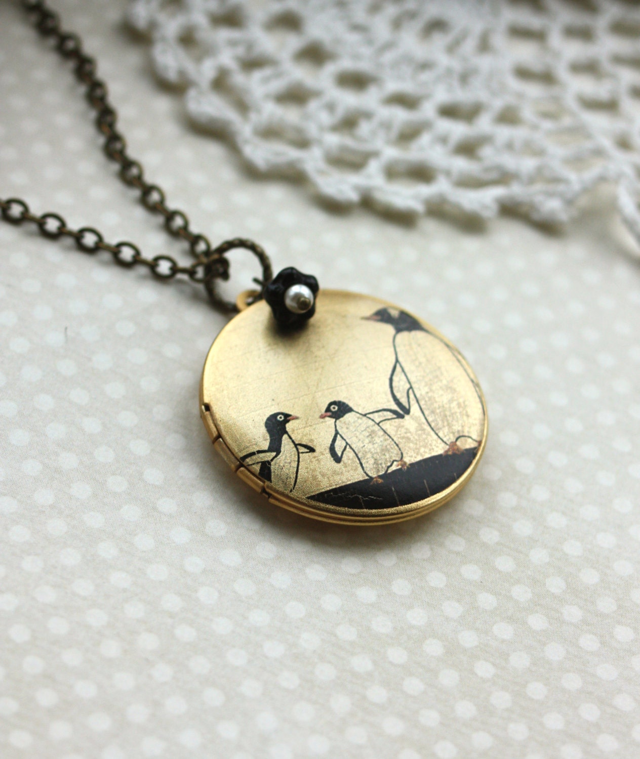 An Altered Art Locket of Family of Penguins - USA Handmade Image Photo Brass Locket Necklace. Unqiue.