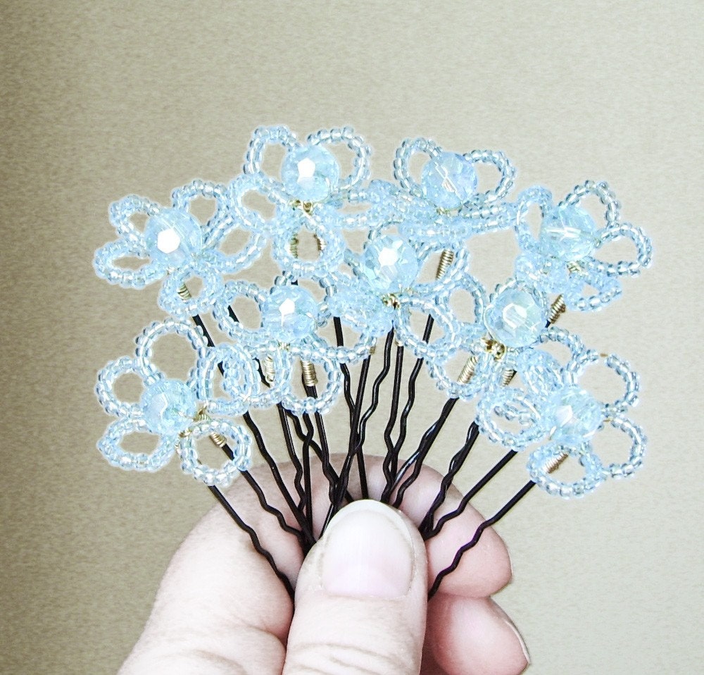 Hair Pins Flowers Blue Beaded Wedding Bridal - Set of 9