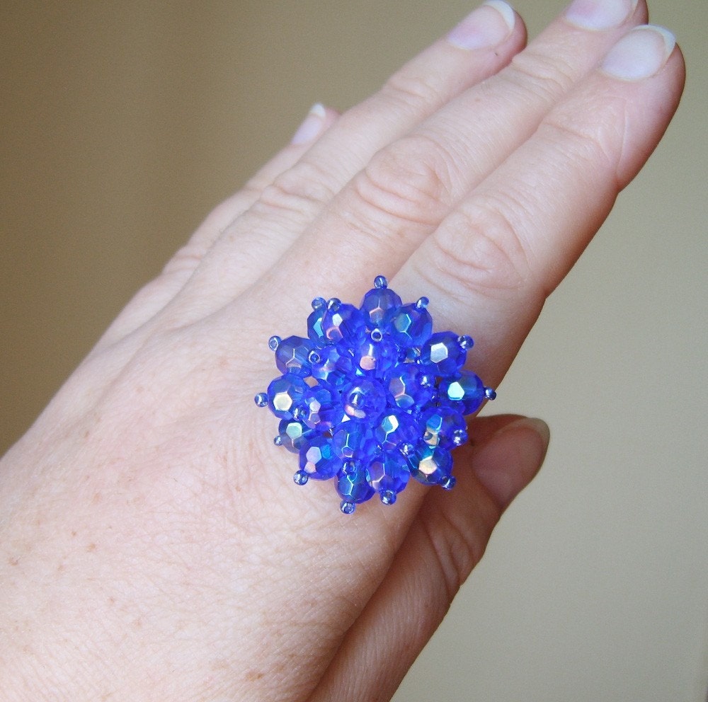 Beaded Cocktail Ring with Sparkling Blue Glass Beads on Silver Plated Ring Base - Limited Edition