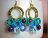 Blue Green Crochet Earrings with Crimson Red Coral. Caribbean Colors. Beaded Earrings. Crochet Lightweight Jewelry. Perfect for Summer