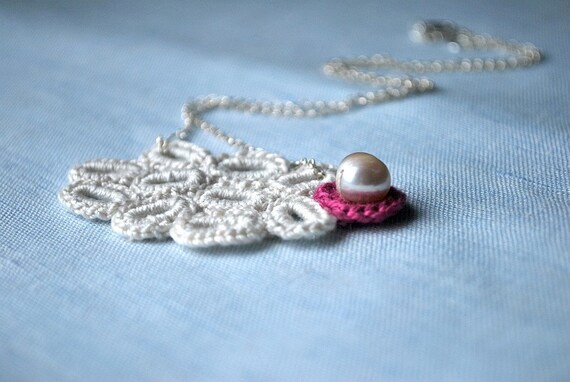 Pretty Crochet Necklace. Sterling Silver Chain. Hypoallergenic. Comes with Custom Crocheted Pouch. Pink Pearl. Stylish