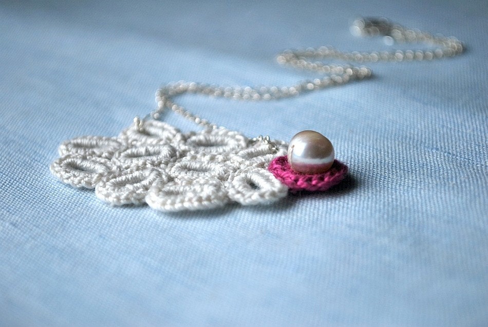 Pretty Crochet Necklace. Sterling Silver Chain. Hypoallergenic. Comes with Custom Crocheted Pouch. Pink Pearl. Stylish