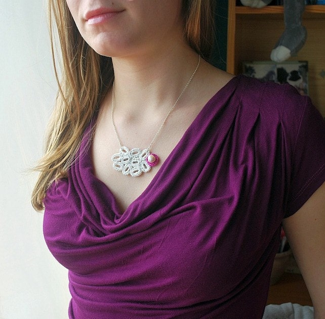 Pretty Crochet Necklace. Sterling Silver Chain. Hypoallergenic. Comes with Custom Crocheted Pouch. Pink Pearl. Stylish