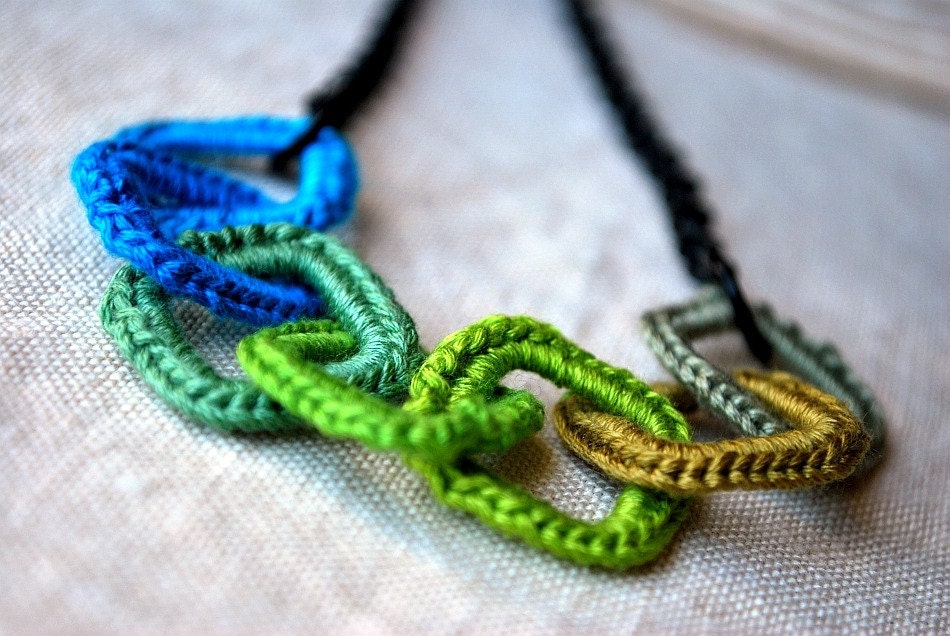 Turquoise and Green Crochet Square Links Necklace - So Unique