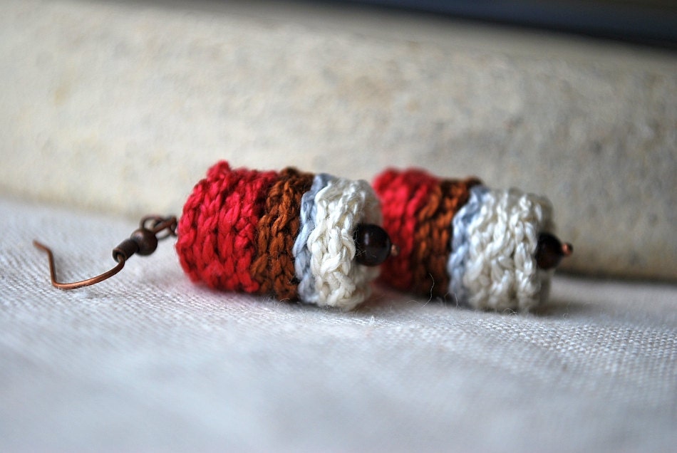 Magenta and Brown Crochet Earrings with Maroon Jasper