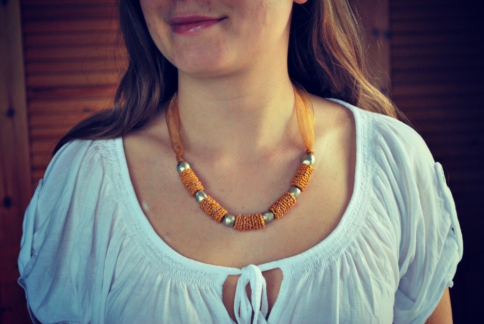 Beaded Crochet Necklace wiith Handmade Clay Beads in Golden Champagne. Hypoallergenic.