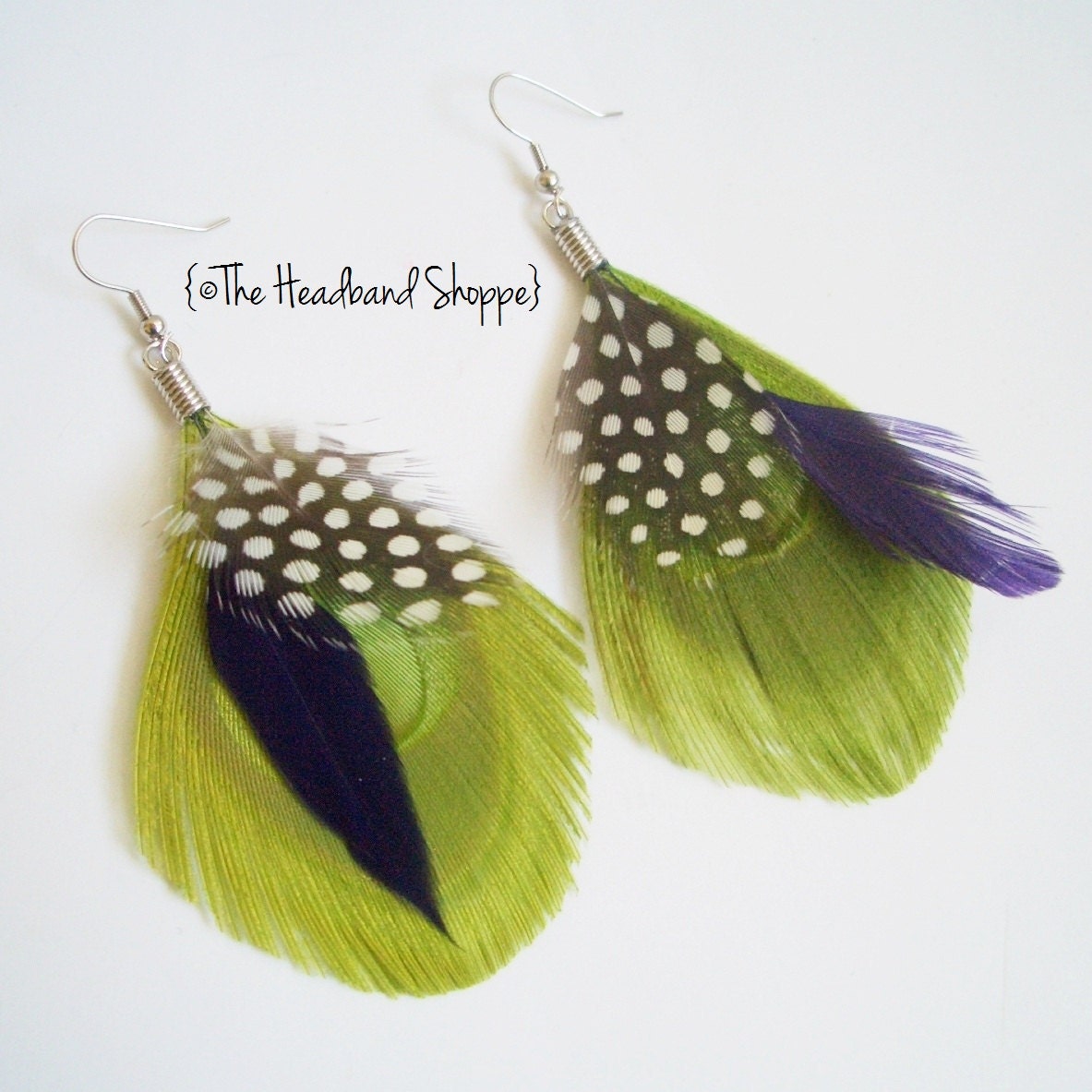 Peacock Earrings - BOHO - Lime and Purple Peacock Earrings - customizable and made to order