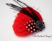 Petite Red Feather Hairclip with Black Ostrich Feathers and Birdcage Veiling - MILA PETITE RED