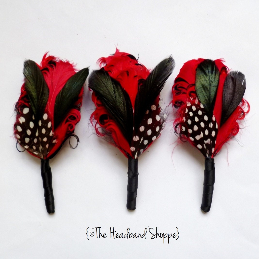 Red Black and White Feather Boutonniere Lapel Pin for the Groomsmen - GENEVA