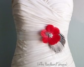 Wedding Accessory Sash Peacock Belt Bridal - GENEVA  - Bridal or Bridesmaids Red Feather Flower Sash Belt with Black and White Polkadots
