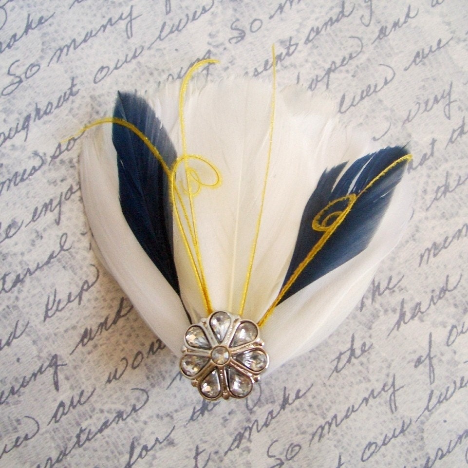 Ivory, Yellow and Navy Blue Feather Fascinator - MILA PETITE - customizable bridal fascinator