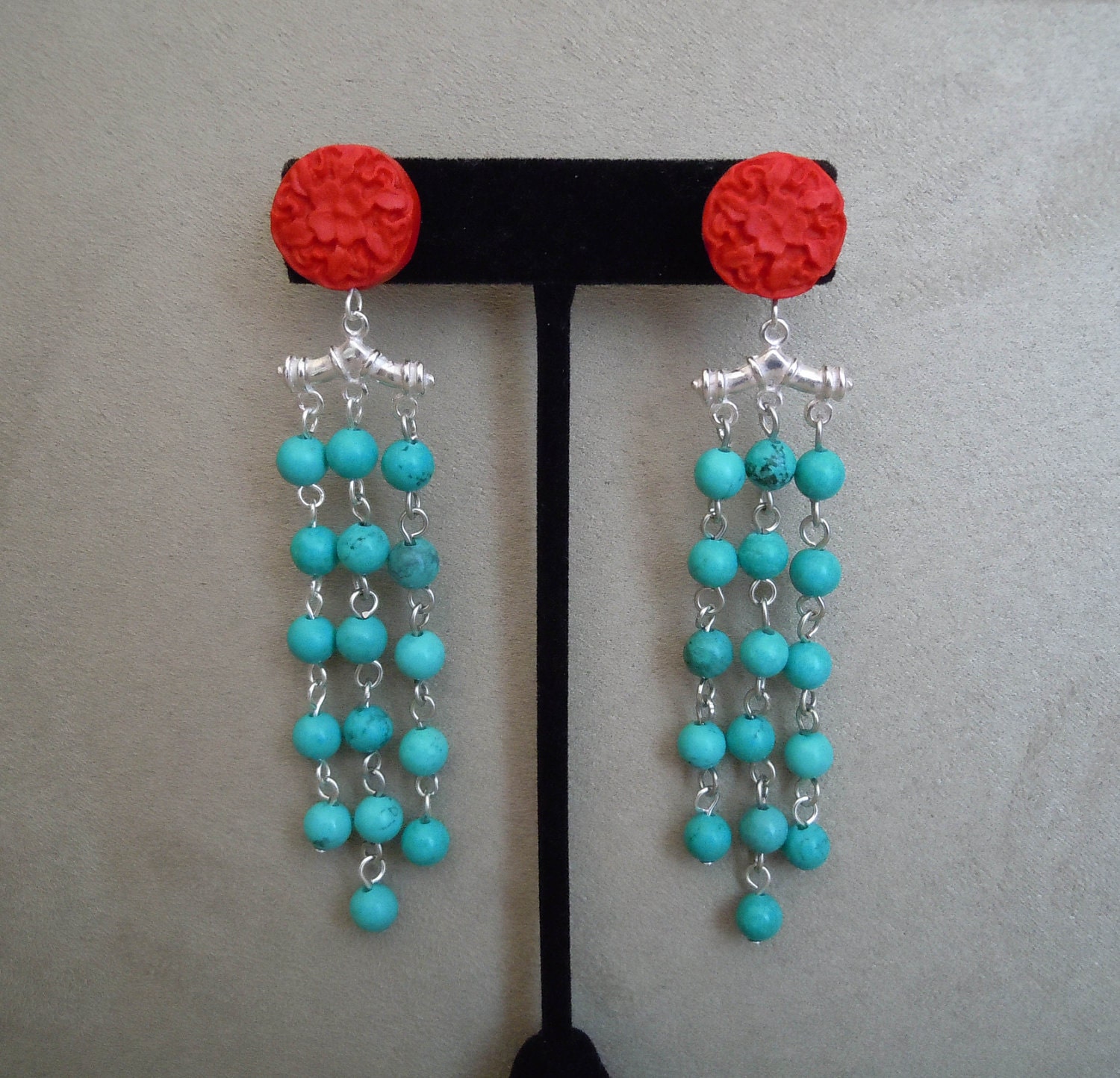 Isle of Capri -- Red Cinnabar and Turquoise earrings