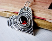 Woodgrain Heart Pendant. Silver Heart. Red and Black Heart. Garnet Heart Necklace