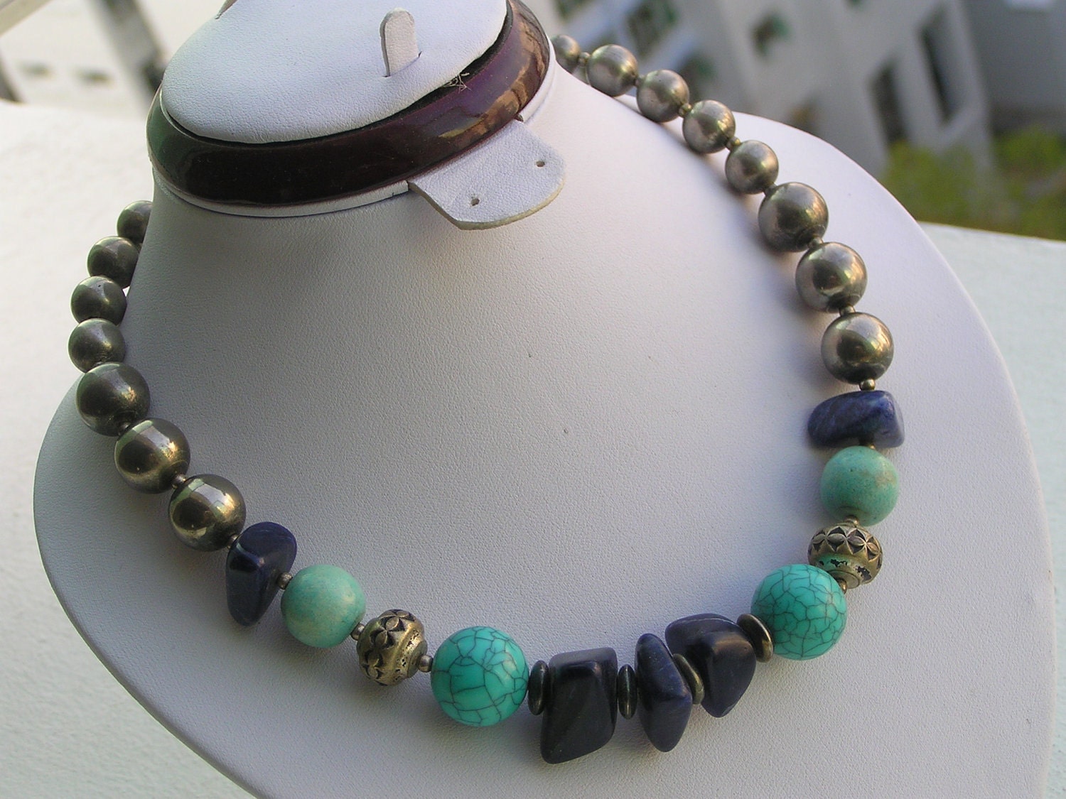 Vintage Dauplaise Silver Ball Sodalite Turquoise Necklace Jewelry