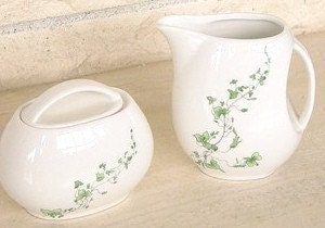 Hand painted porcelain cream and sugar set with green ivy design