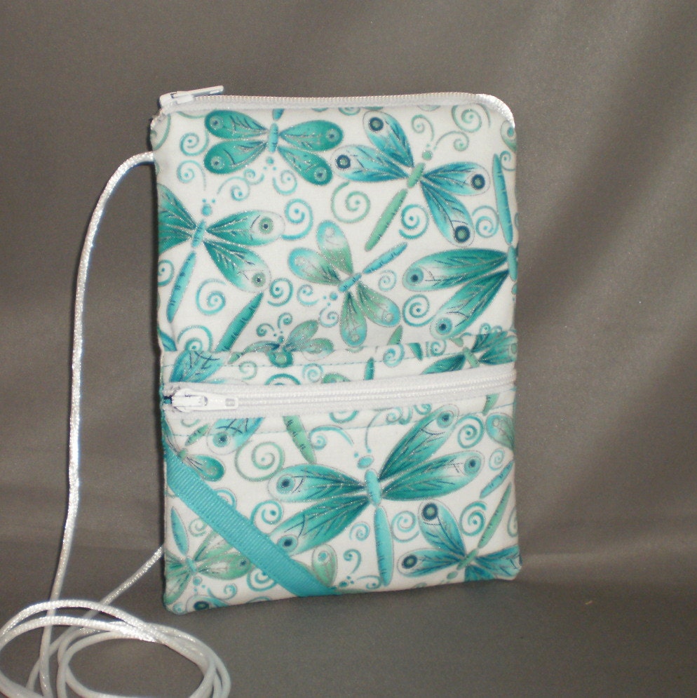 Passport Purse - DRAGONFLY - Wallet on a String - Sling Bag - Turquoise Silver