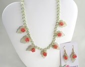 Coral, Serpentine Floral Beaded Necklace, Earring Set - Handmade