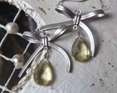 Natural lemon citrine with matte rhodium plated small ribbon earrings