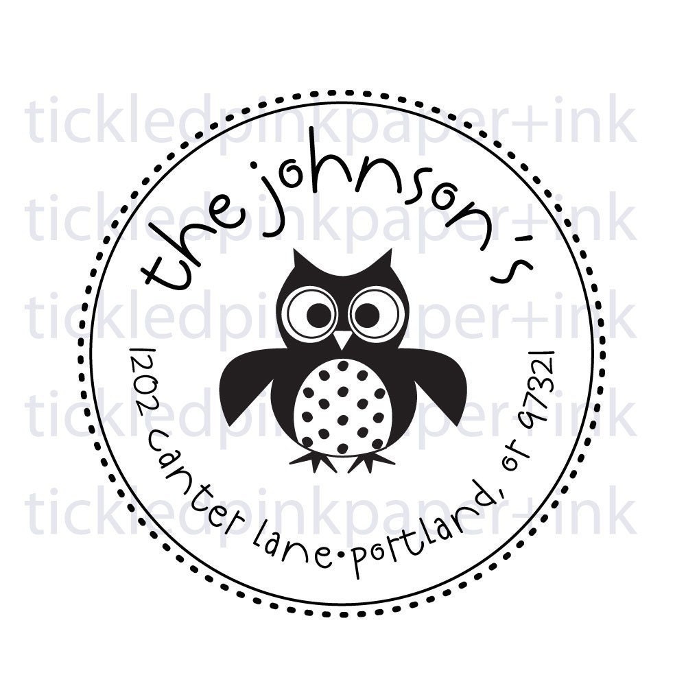 Custom address stamp round with owl