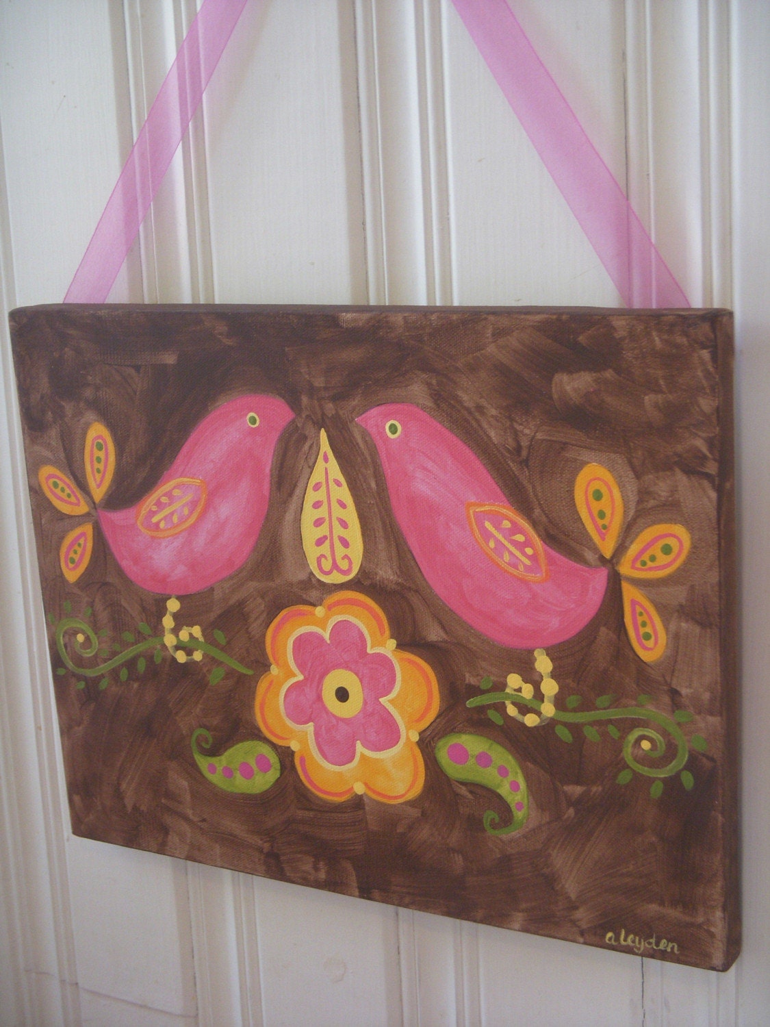 girl kid room decor..baby nursery wall art..original canvas painting..hand painted artwork..11 x 14 pink bird flower folk art "love birds"