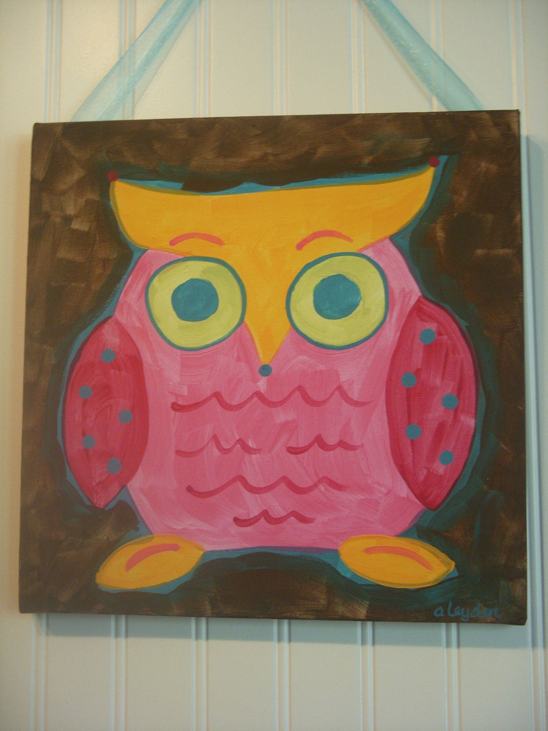 girl kids room decor...baby nursery wall art...original canvas painting...hand painted artwork...12 x 12 pink brown owl "jack the owl"