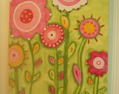 girl kids room decor..baby nursery wall art..original canvas painting..painted artwork..11 x 14 pink green spring flowers "bloomin time"