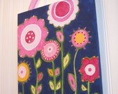girl kids room decor..baby nursery wall art..original canvas painting..painted artwork..11 x 14 pink green spring flowers "preppy blooms"