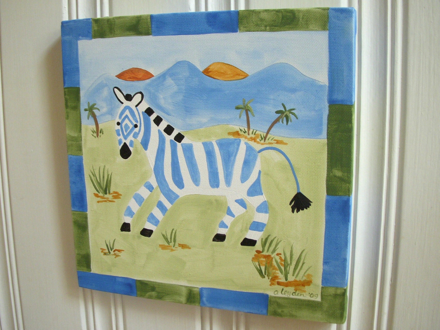 zebra boy kid room decor..baby nursery wall art..original canvas painting..hand painted artwork..12 x 12 safari africa "Zack the Zebra"