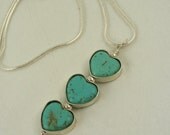 Trio of Turquoise Hearts Necklace Handmade in Sterling Silver