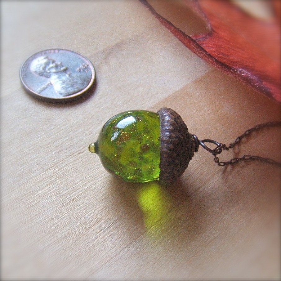 Glass Acorn Necklace - Olivine with Goldstone by Bullseyebeads
