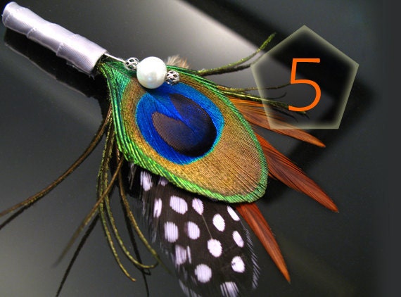 5 Natural boutonnieres feather flowers groomsmen boutineer peacock wedding men nature inspired wedding father boutonniere peacock boutineer