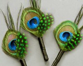 3 Green boutineers peacock theme green boutonniere green wedding mens lapel pin groomsmen flowers green buttonhole green feather lapel pin